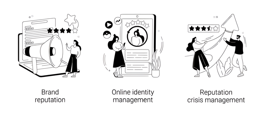 Three illustrations representing brand reputation, online identity management, and crisis management, emphasizing the various aspects of maintaining a positive online presence.