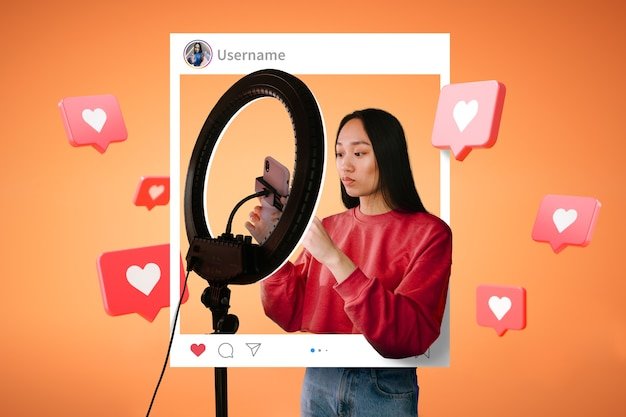Social media influencer setting up a phone for content creation in front of a ring light, surrounded by like icons on an orange background.
