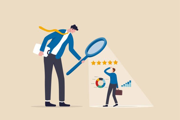 Reputation management concept: a large figure holding a magnifying glass examines a smaller professional with charts, stars, and graphs symbolizing online reputation.