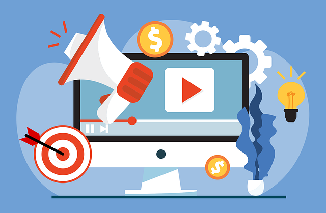 An illustration of a desktop screen displaying a youtube play button, surrounded by marketing-related icons such as a megaphone, target with an arrow, dollar coins, gears, and a light bulb.