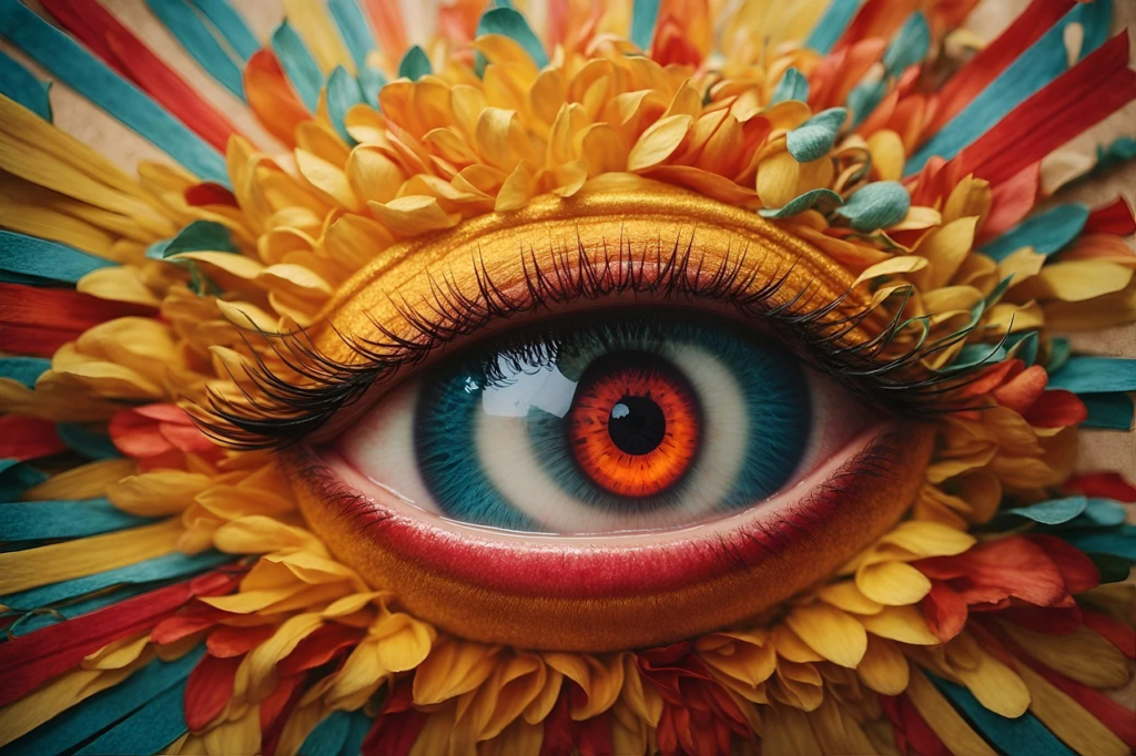Public eye surrounded by vibrant floral patterns, symbolizing how emotions, biases, and opinions converge to shape public sentiment and brand reputations.