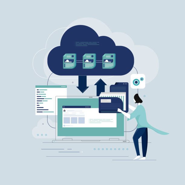 Data cloud storage concept with a person managing digital files.