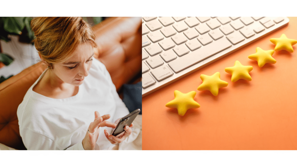 Woman reading online reviews on smartphone before purchase decision